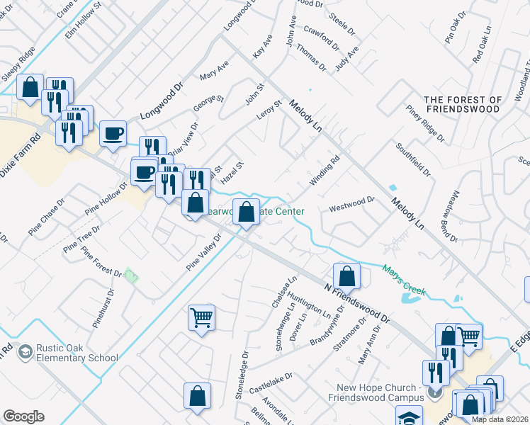 map of restaurants, bars, coffee shops, grocery stores, and more near 112 Winding Road in Friendswood