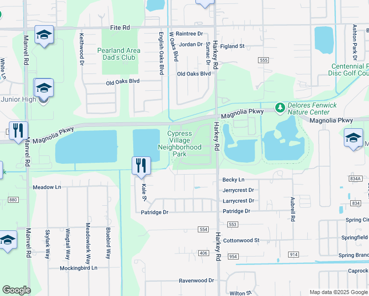 map of restaurants, bars, coffee shops, grocery stores, and more near 3436 Dorsey Lane in Pearland