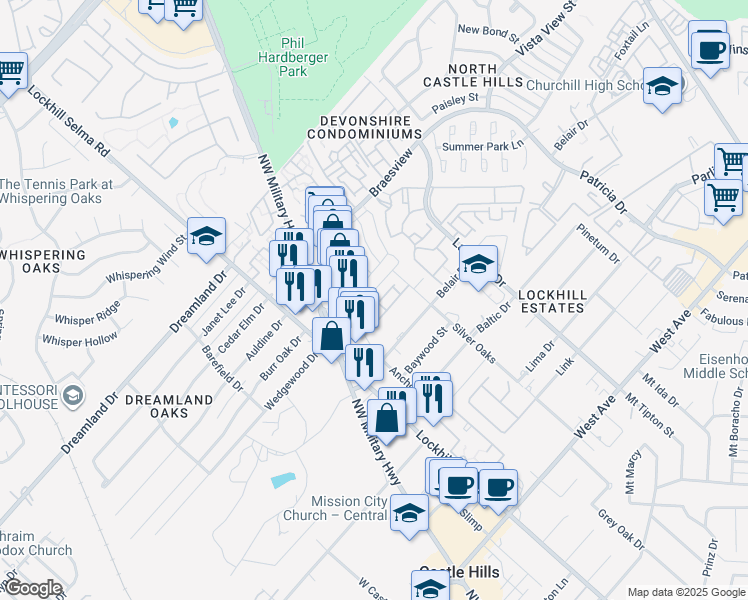 map of restaurants, bars, coffee shops, grocery stores, and more near 2102 Bent Anchor in San Antonio