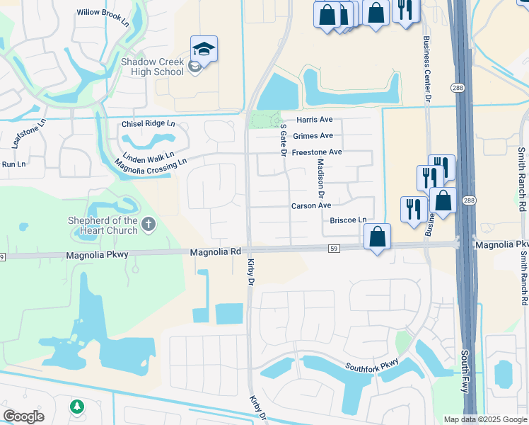 map of restaurants, bars, coffee shops, grocery stores, and more near 11517 Rashell Way in Pearland