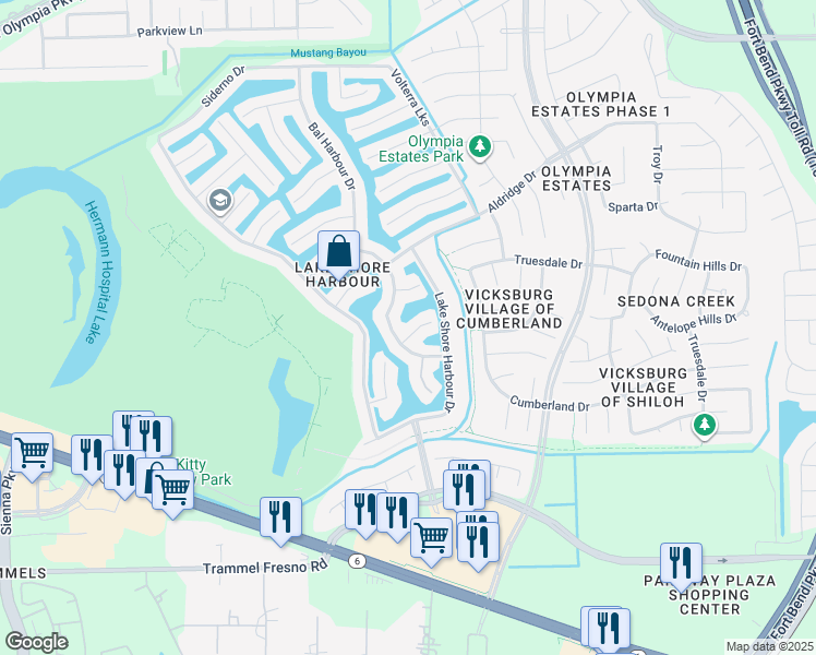 map of restaurants, bars, coffee shops, grocery stores, and more near 2926 Coral Rocks Court in Missouri City