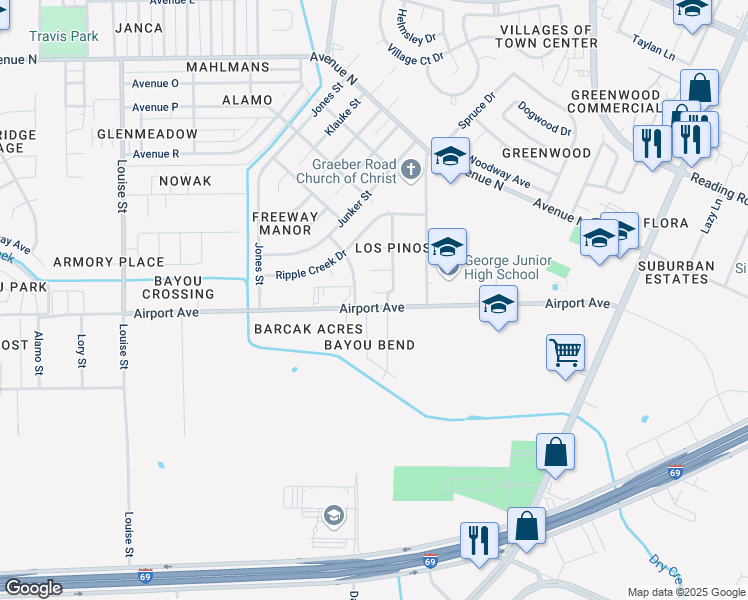 map of restaurants, bars, coffee shops, grocery stores, and more near 3002 Longhorn Drive in Rosenberg