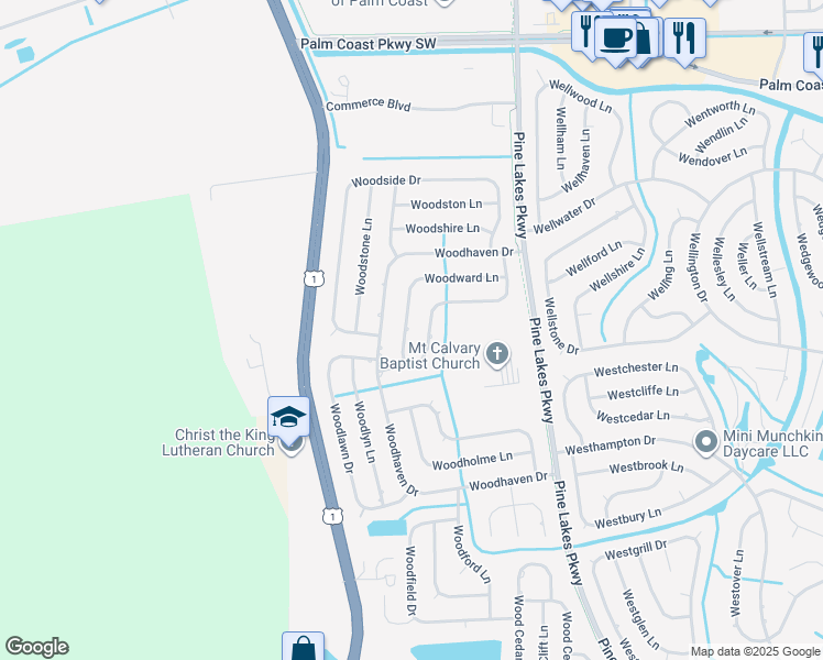 map of restaurants, bars, coffee shops, grocery stores, and more near 10 Woodward Lane in Palm Coast