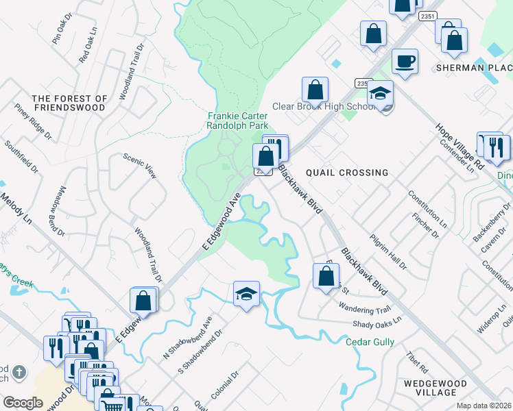 map of restaurants, bars, coffee shops, grocery stores, and more near 15402 Wandering Trail in Friendswood
