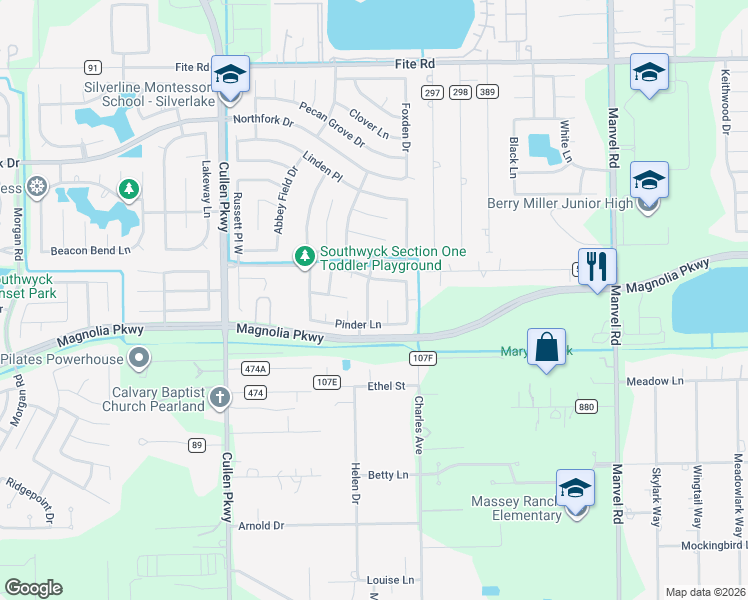 map of restaurants, bars, coffee shops, grocery stores, and more near 3115 Pickwood Drive in Pearland