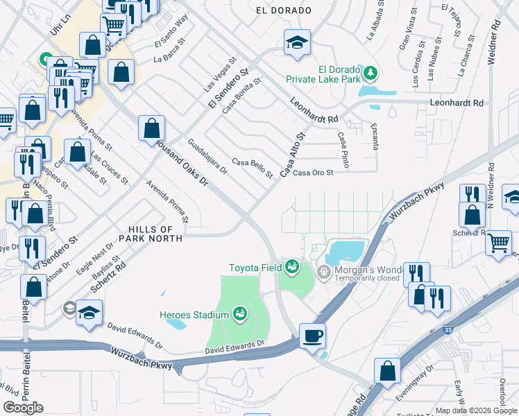 map of restaurants, bars, coffee shops, grocery stores, and more near 4660 Thousand Oaks Drive in San Antonio