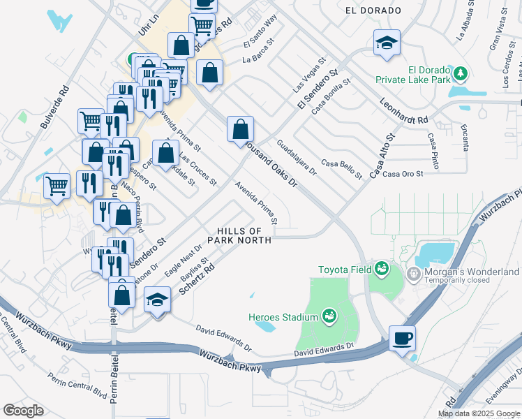 map of restaurants, bars, coffee shops, grocery stores, and more near 4626 Avenida Prima Street in San Antonio