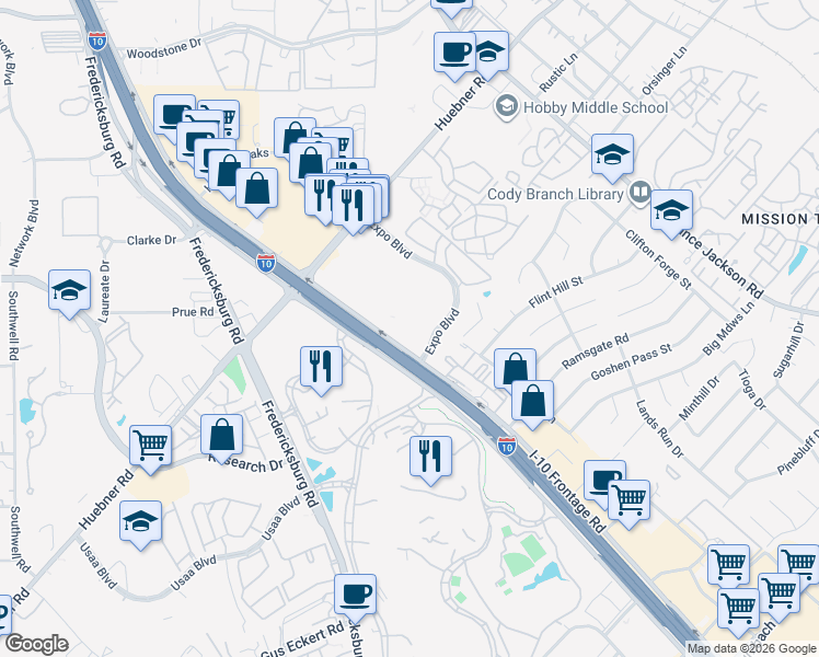map of restaurants, bars, coffee shops, grocery stores, and more near 10807 Interstate 10 in San Antonio