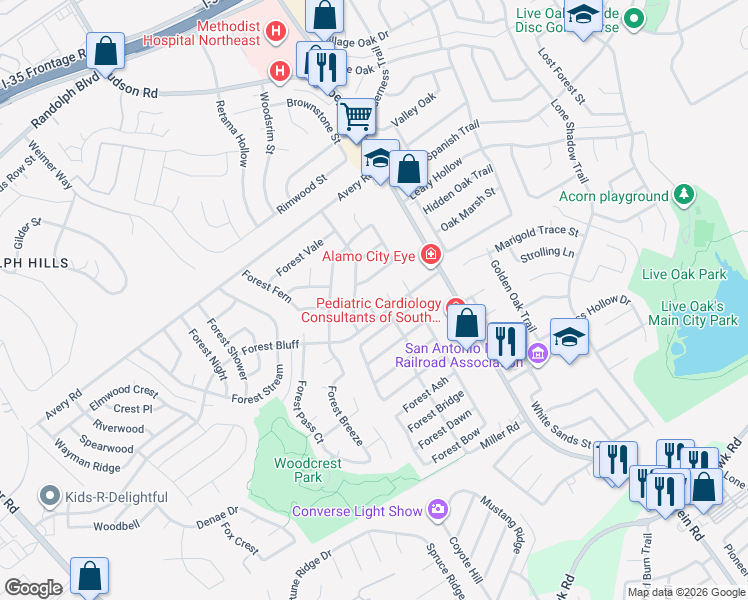 map of restaurants, bars, coffee shops, grocery stores, and more near 7819 Forest Briar in Live Oak