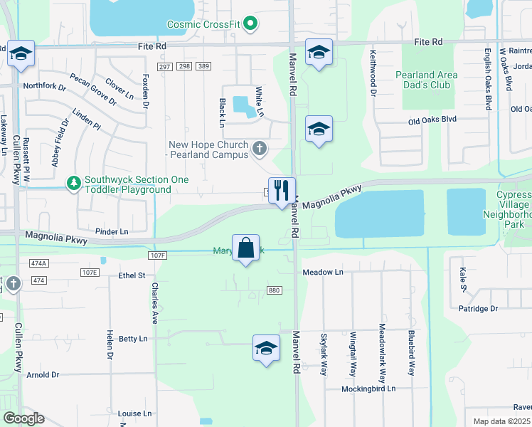 map of restaurants, bars, coffee shops, grocery stores, and more near 11326 Sagecounty Drive in Pearland