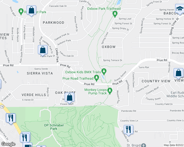 map of restaurants, bars, coffee shops, grocery stores, and more near 7540 Prue Road in San Antonio