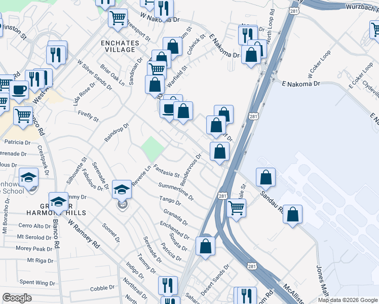 map of restaurants, bars, coffee shops, grocery stores, and more near 111 West Silver Sands Drive in San Antonio