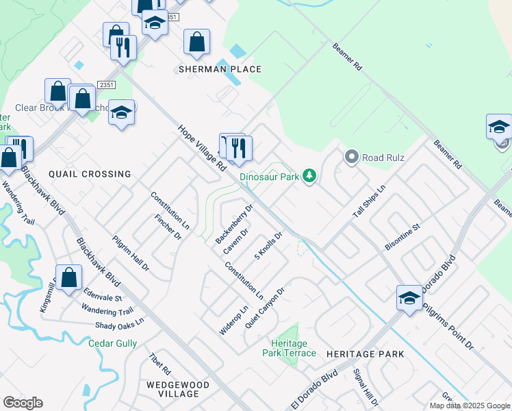 map of restaurants, bars, coffee shops, grocery stores, and more near 16023 Surrey Woods Drive in Friendswood