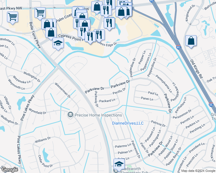 map of restaurants, bars, coffee shops, grocery stores, and more near 47 Parkview Drive in Palm Coast