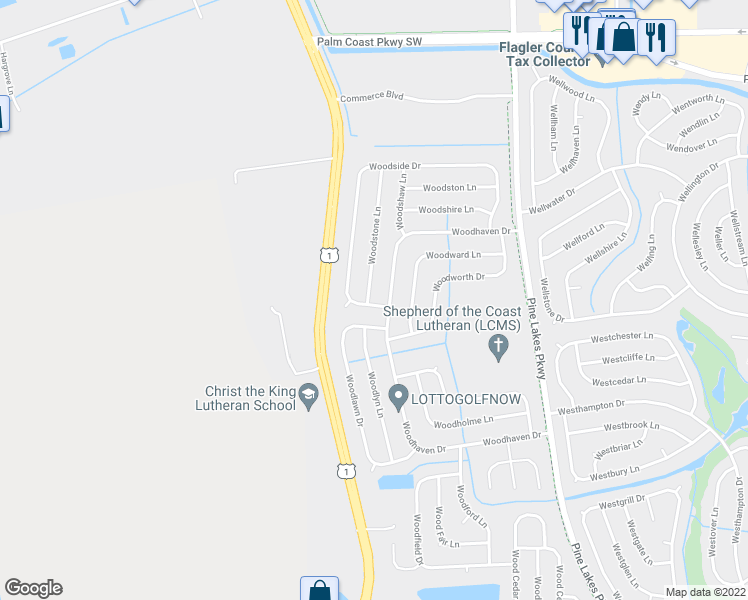 map of restaurants, bars, coffee shops, grocery stores, and more near 2 Woodstone Lane in Palm Coast