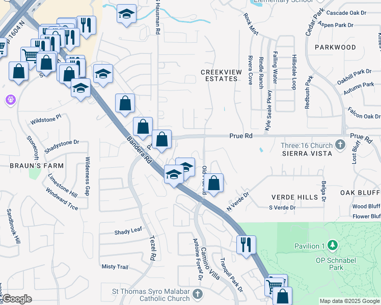 map of restaurants, bars, coffee shops, grocery stores, and more near 10438 Bandera Road in San Antonio