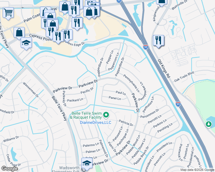 map of restaurants, bars, coffee shops, grocery stores, and more near 13 Paul Lane in Palm Coast