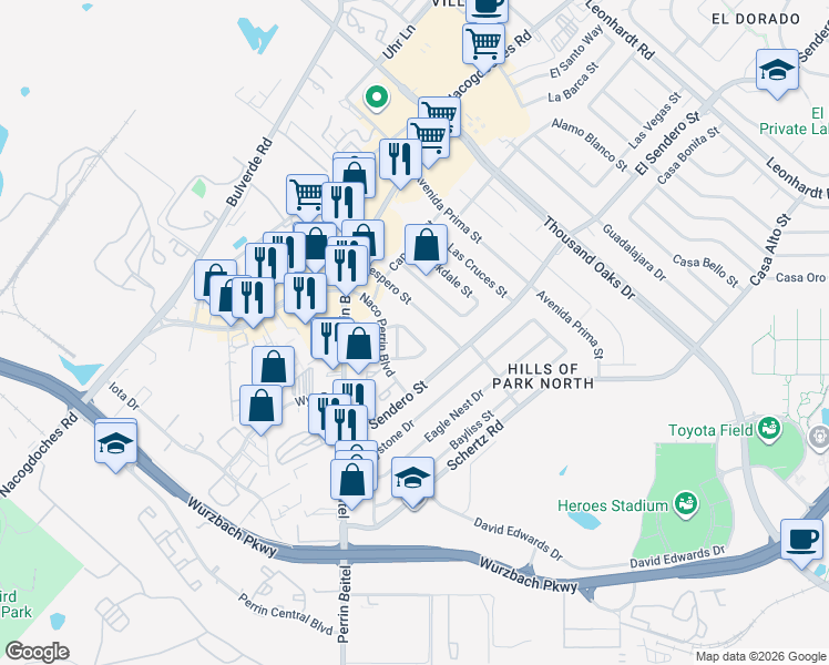 map of restaurants, bars, coffee shops, grocery stores, and more near 4423 Terra Summit Road in San Antonio