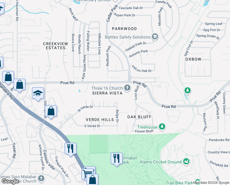 map of restaurants, bars, coffee shops, grocery stores, and more near 7810 Sierra Seco in San Antonio