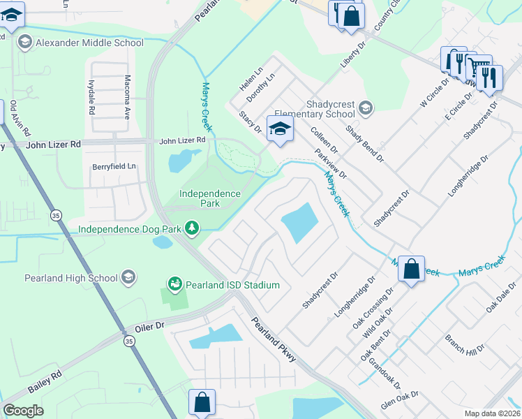 map of restaurants, bars, coffee shops, grocery stores, and more near 2954 Auburn Woods Drive in Pearland