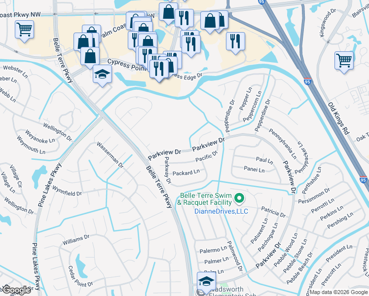 map of restaurants, bars, coffee shops, grocery stores, and more near 8 Pacific Drive in Palm Coast