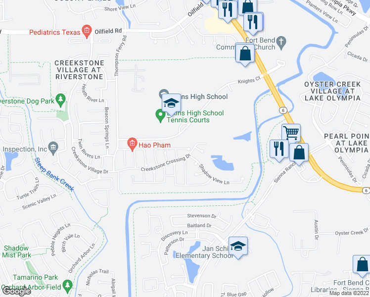 map of restaurants, bars, coffee shops, grocery stores, and more near Andover Trace Lane in Sugar Land