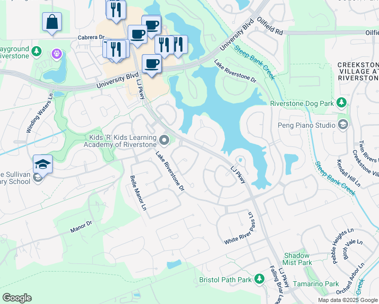 map of restaurants, bars, coffee shops, grocery stores, and more near 4515 Beacon View Court in Sugar Land