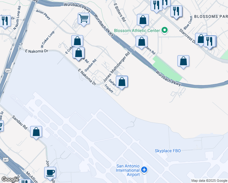 map of restaurants, bars, coffee shops, grocery stores, and more near 1227 Triplett in San Antonio