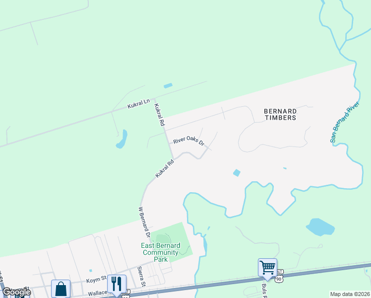 map of restaurants, bars, coffee shops, grocery stores, and more near 14811 River Oaks Drive in East Bernard