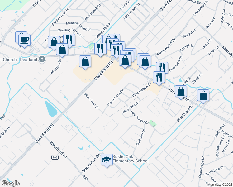 map of restaurants, bars, coffee shops, grocery stores, and more near 3522 Pine Chase Drive in Pearland