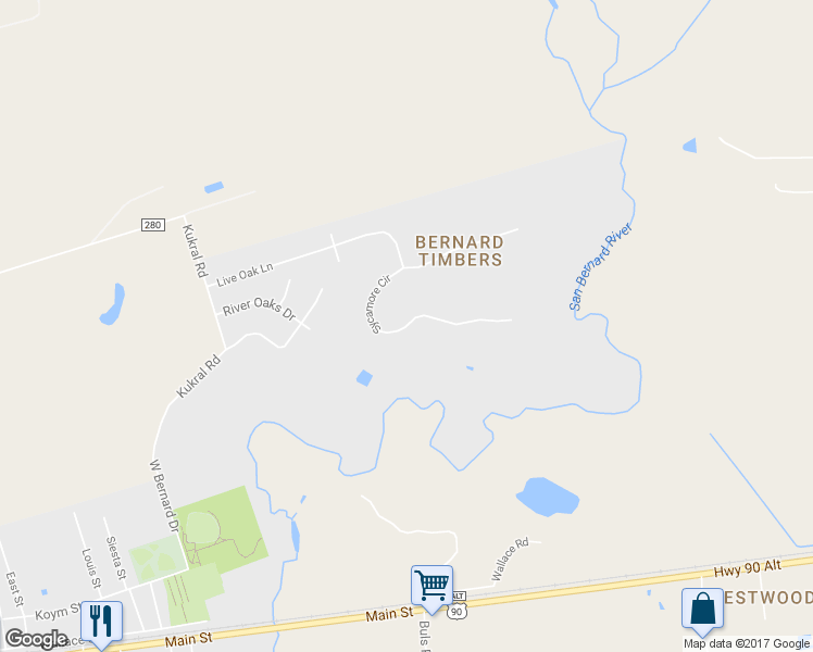 map of restaurants, bars, coffee shops, grocery stores, and more near 14523 Sycamore Circle in East Bernard