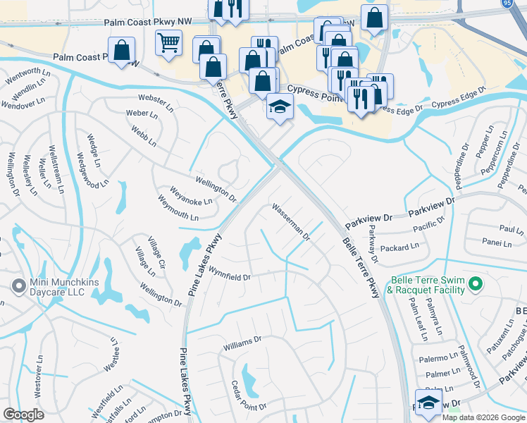 map of restaurants, bars, coffee shops, grocery stores, and more near 3 Waywood Place in Palm Coast