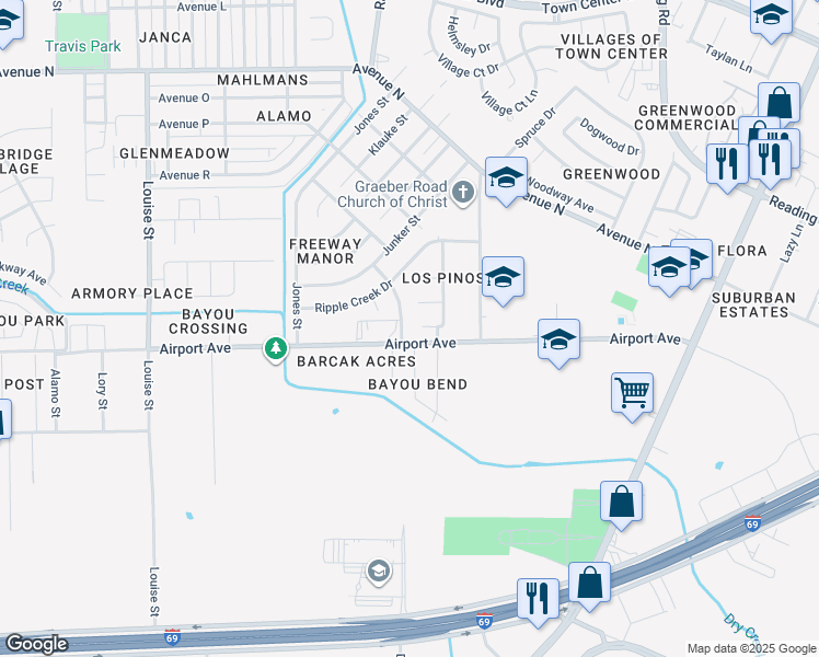 map of restaurants, bars, coffee shops, grocery stores, and more near 2420 Freeway Manor Drive in Rosenberg