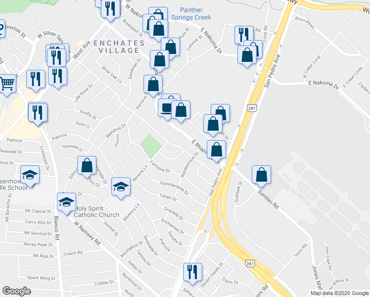 map of restaurants, bars, coffee shops, grocery stores, and more near 209 West Silver Sands Drive in San Antonio