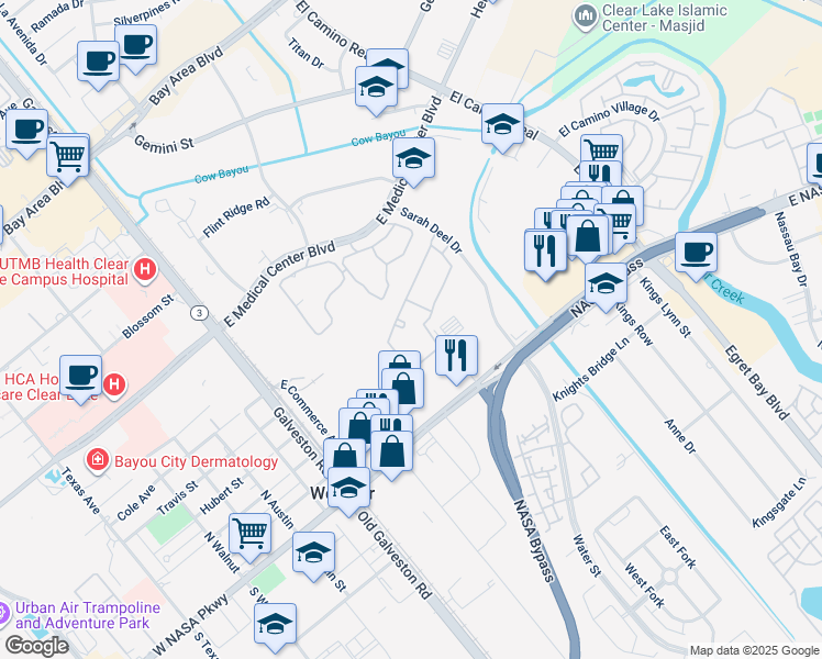map of restaurants, bars, coffee shops, grocery stores, and more near 501 Sarah Deel Drive in Webster