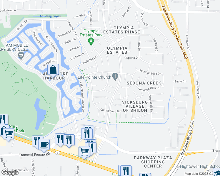 map of restaurants, bars, coffee shops, grocery stores, and more near 3515 Corbett Court in Missouri City