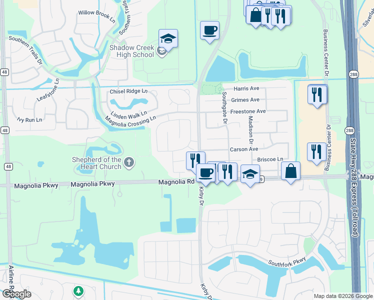 map of restaurants, bars, coffee shops, grocery stores, and more near 15200 Vista Park Court in Pearland