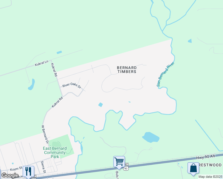 map of restaurants, bars, coffee shops, grocery stores, and more near 14523 Sycamore Circle in East Bernard