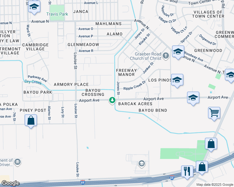 map of restaurants, bars, coffee shops, grocery stores, and more near 2320 Jones Street in Rosenberg