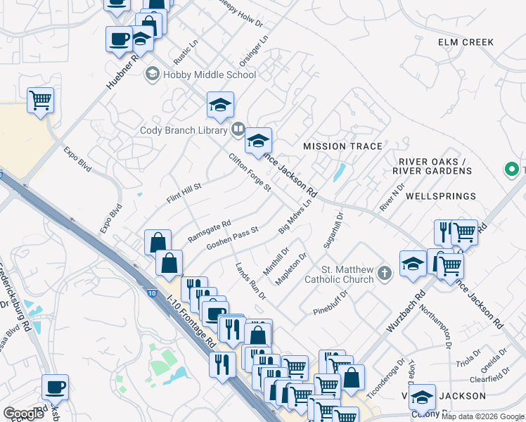 map of restaurants, bars, coffee shops, grocery stores, and more near 4006 Ramsgate Street in San Antonio