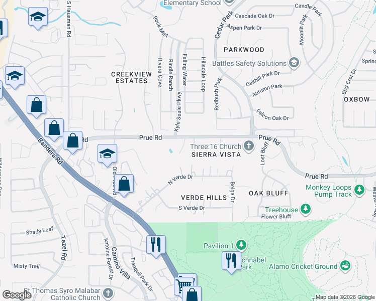 map of restaurants, bars, coffee shops, grocery stores, and more near 8060 Prue Road in San Antonio