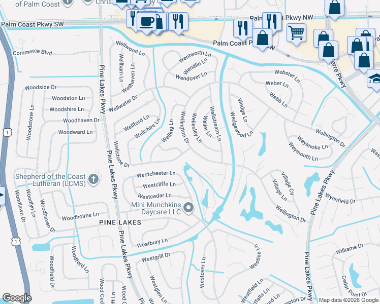 map of restaurants, bars, coffee shops, grocery stores, and more near 174 Wellstone Drive in Palm Coast