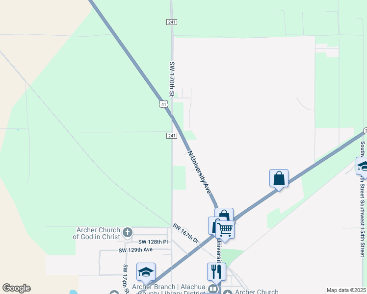 map of restaurants, bars, coffee shops, grocery stores, and more near 11954 Florida 45 in Archer