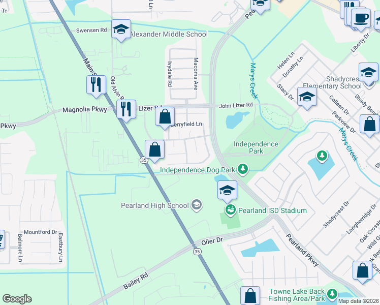 map of restaurants, bars, coffee shops, grocery stores, and more near 3403 Wheatmeadow Lane in Pearland