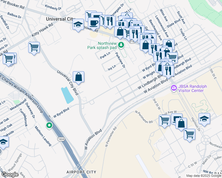 map of restaurants, bars, coffee shops, grocery stores, and more near 617 West Byrd Boulevard in Universal City