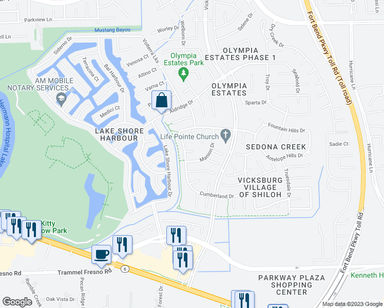 map of restaurants, bars, coffee shops, grocery stores, and more near 3611 Darnell Court in Missouri City