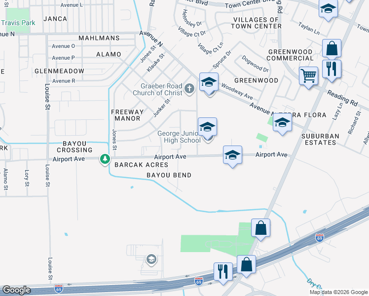 map of restaurants, bars, coffee shops, grocery stores, and more near 2457 Teresa Drive in Rosenberg