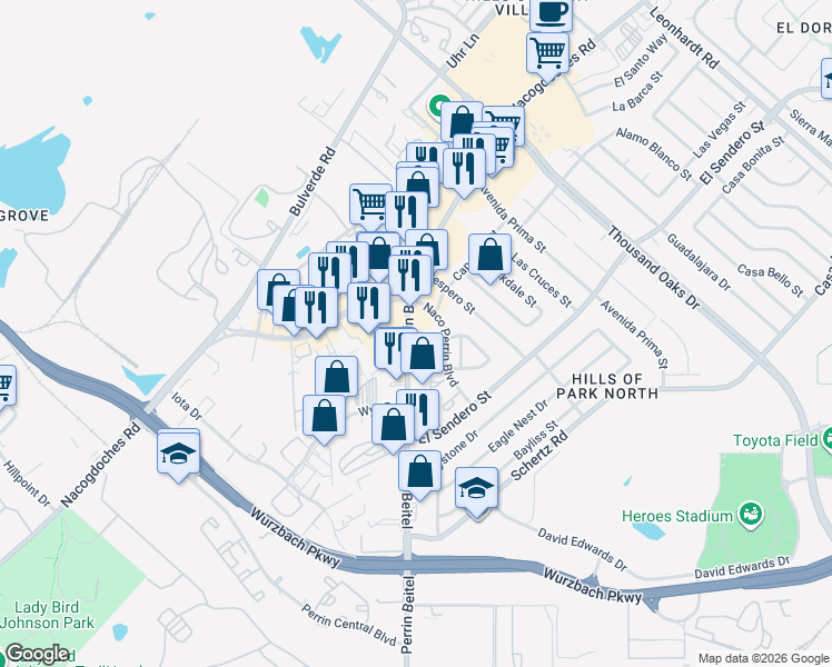 map of restaurants, bars, coffee shops, grocery stores, and more near 11482 Perrin Beitel Road in San Antonio
