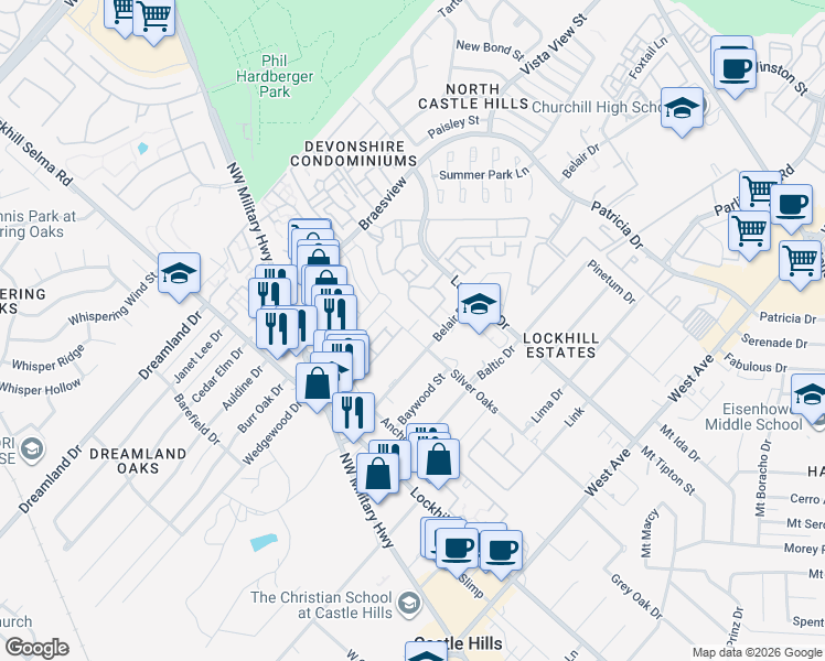 map of restaurants, bars, coffee shops, grocery stores, and more near in San Antonio