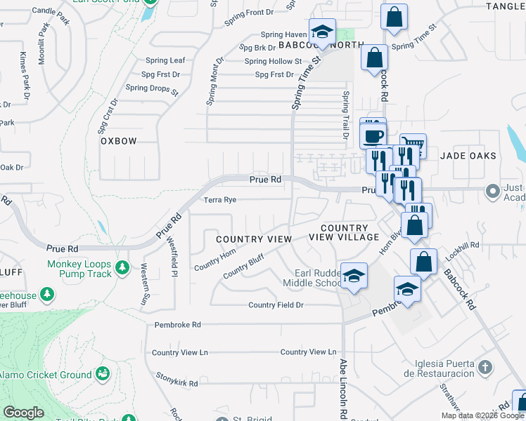 map of restaurants, bars, coffee shops, grocery stores, and more near 6728 Terra Rye in San Antonio